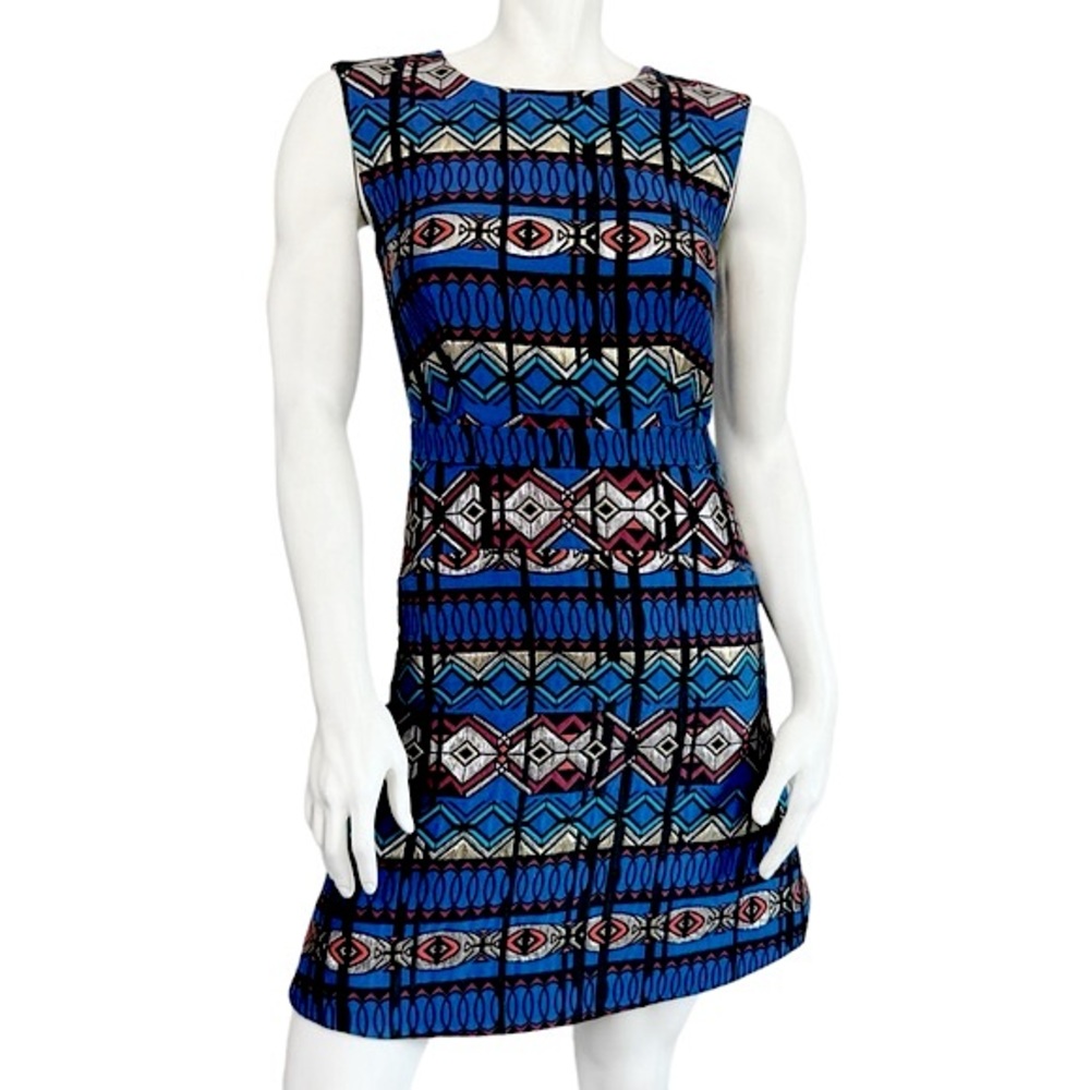 J CREW Blue Striped Geometric Metallic Jacquard Sleeveless Mini Dress